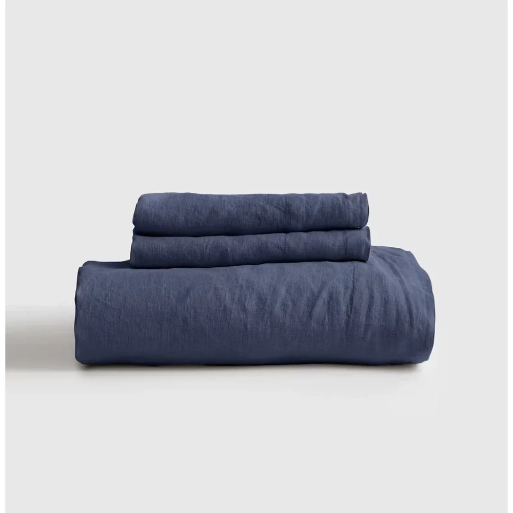 Quince European Linen Fitted Sheet Set Full Size Night Fall Blue NO FLAT SHEET